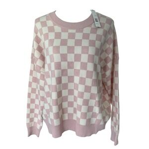 Tahari Pink Checkered Crewneck Sweater Blush Ivory Large NWT Soft Cozy Casual